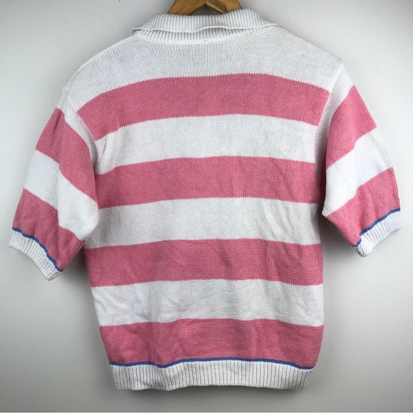VTG Eddie Bauer Short Sleeve Sweater Made in USA Pink Stripe Half Button - Picture 8 of 14